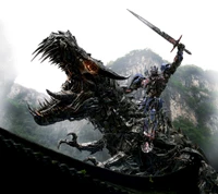 A futuristic warrior riding a robotic dinosaur, brandishing a sword amidst a dramatic mountainous landscape.