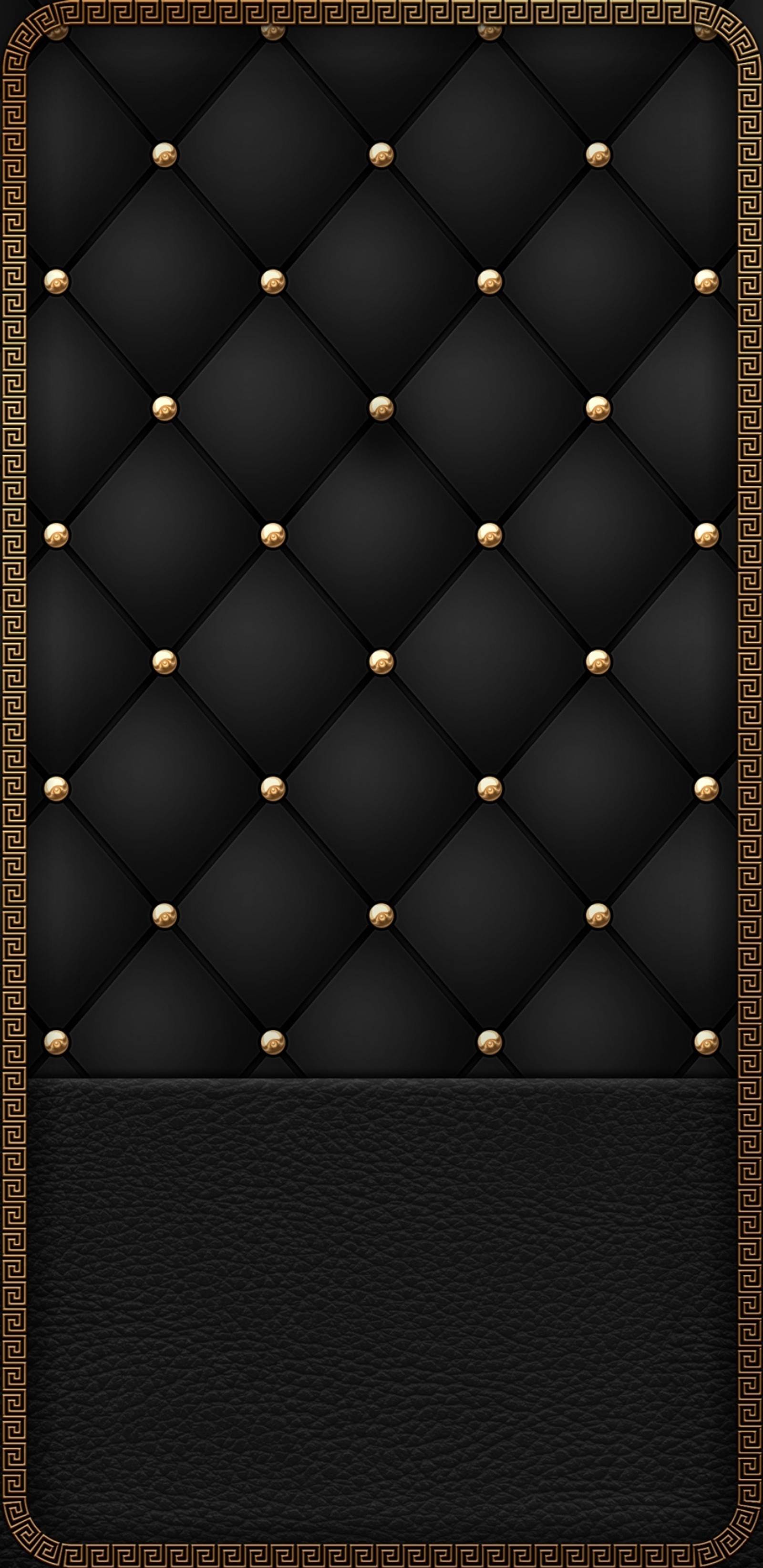 A black leather background with gold studded buttons and a gold frame (new, black, gold)