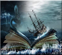 An Enchanted Voyage: A Ship Emerges from an Open Book on Stormy Seas