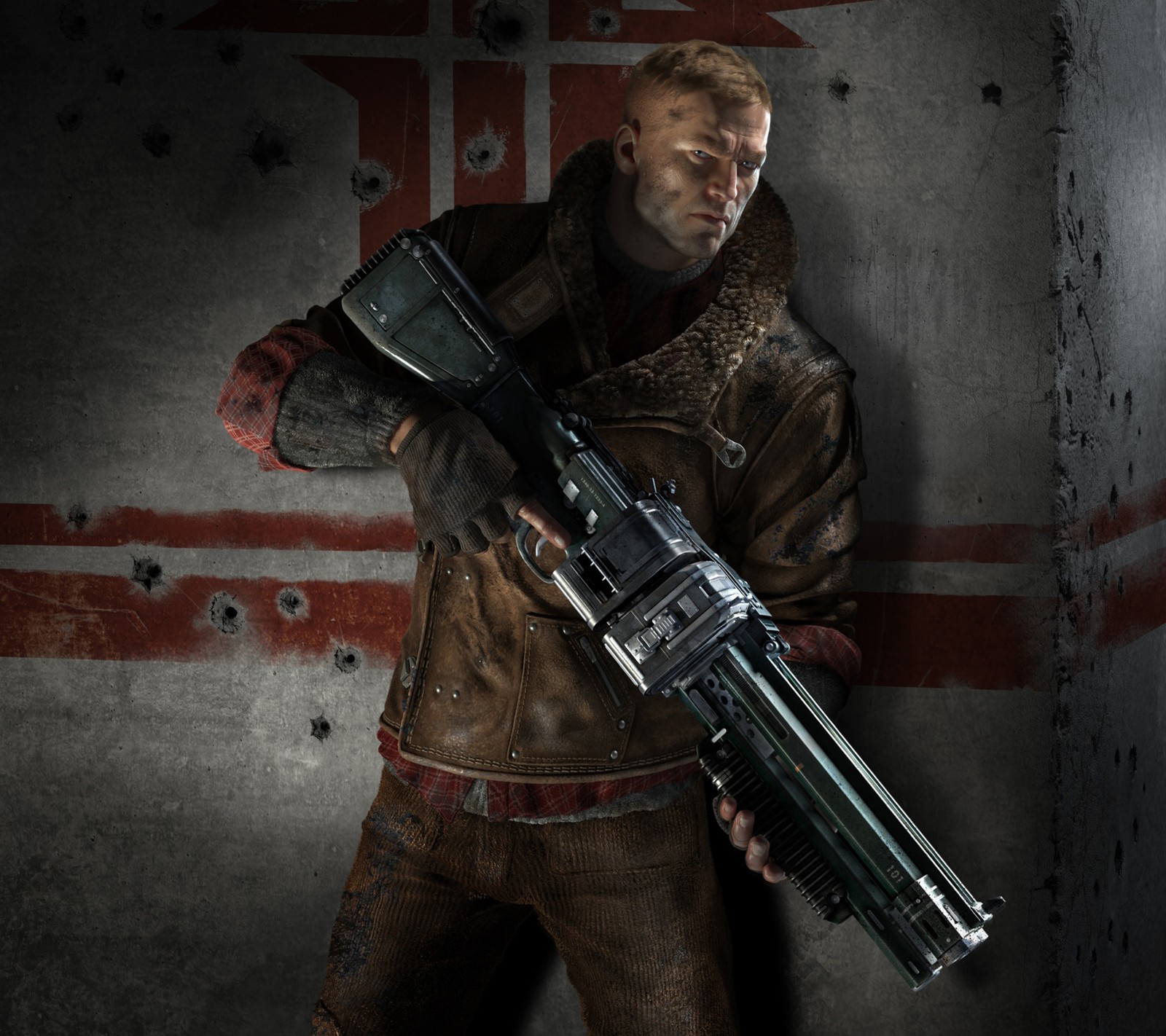 Un hombre sosteniendo un arma en una habitación oscura con una pared roja y blanca (juego, the new order, wolfenstein)