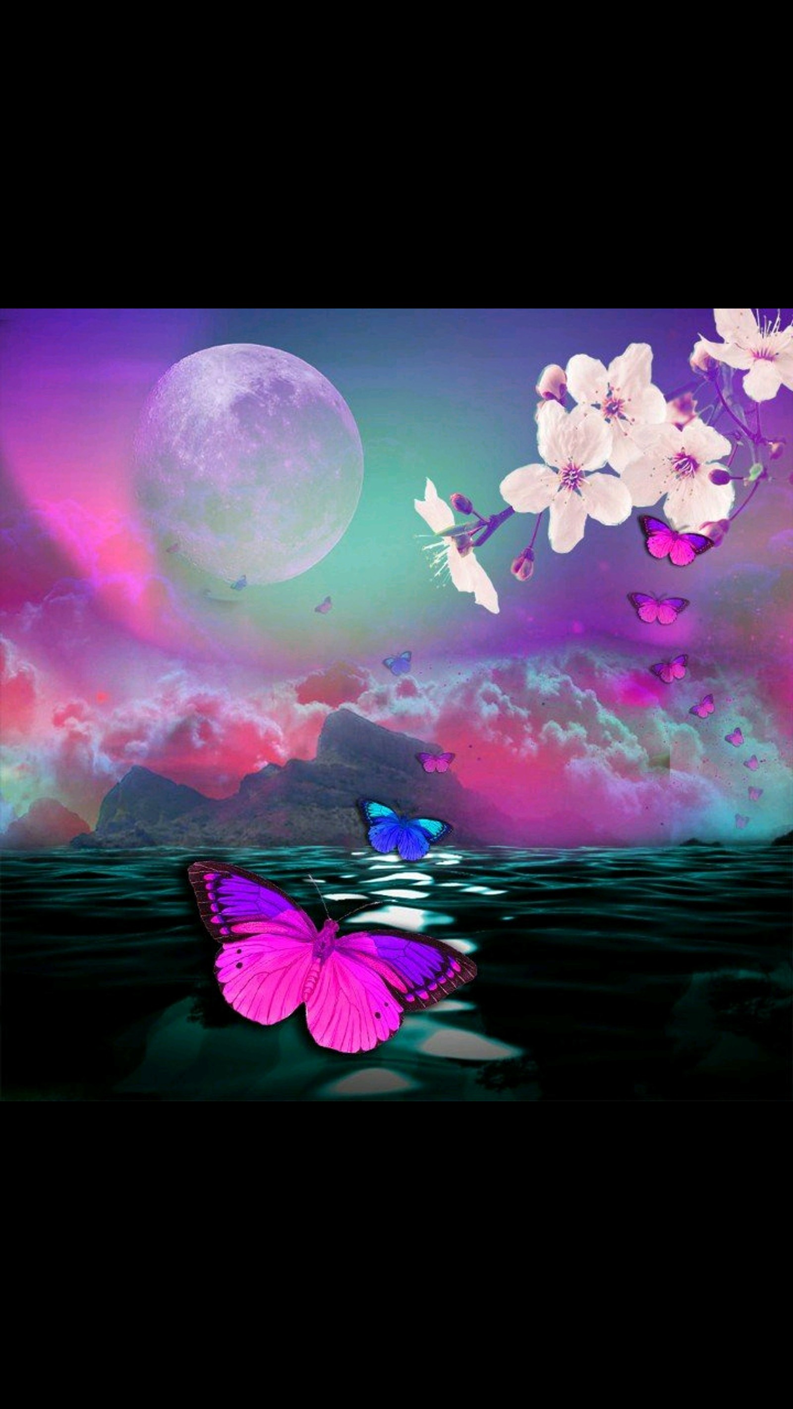 Purple butterfly flying over a body of water with a full moon in the background (butterfly, moon water)