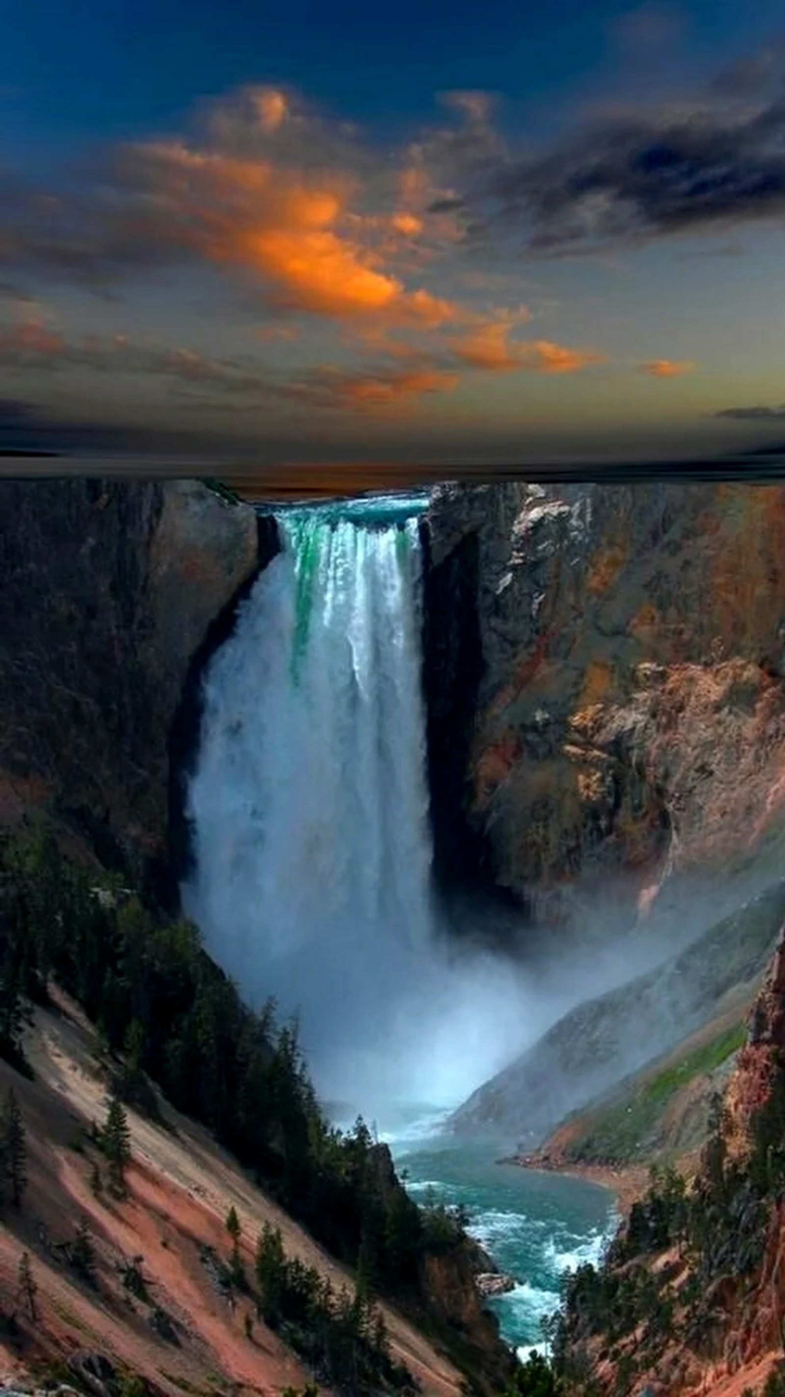 Vista panorâmica de uma cachoeira com um arco-íris no céu (azul, nuvens, montanha, céu, cachoeira)