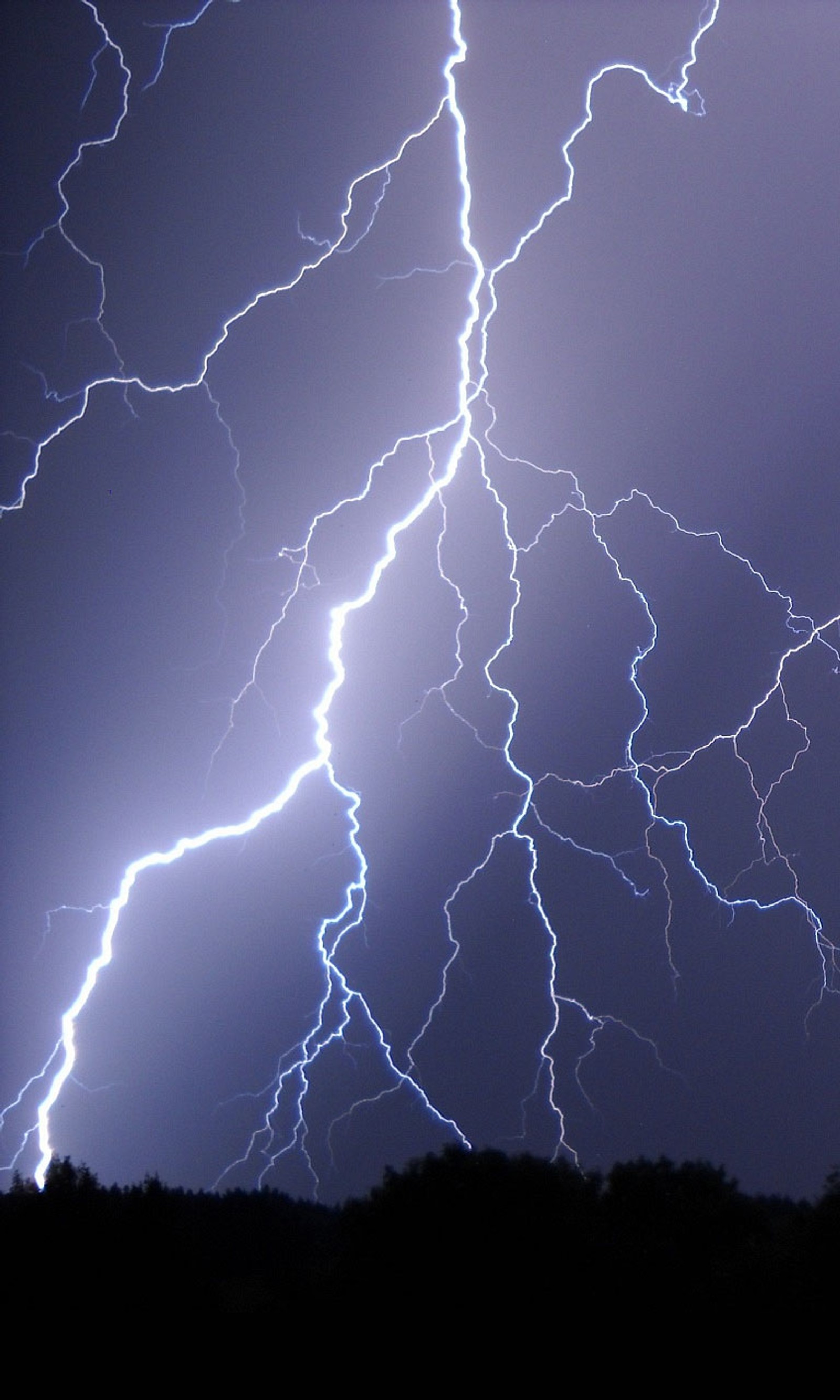 Lightning strikes across the sky over a forest and a building (lightning, nice)