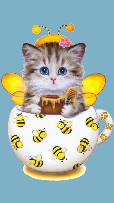 Adorable gatito con alas de abeja en una taza de miel