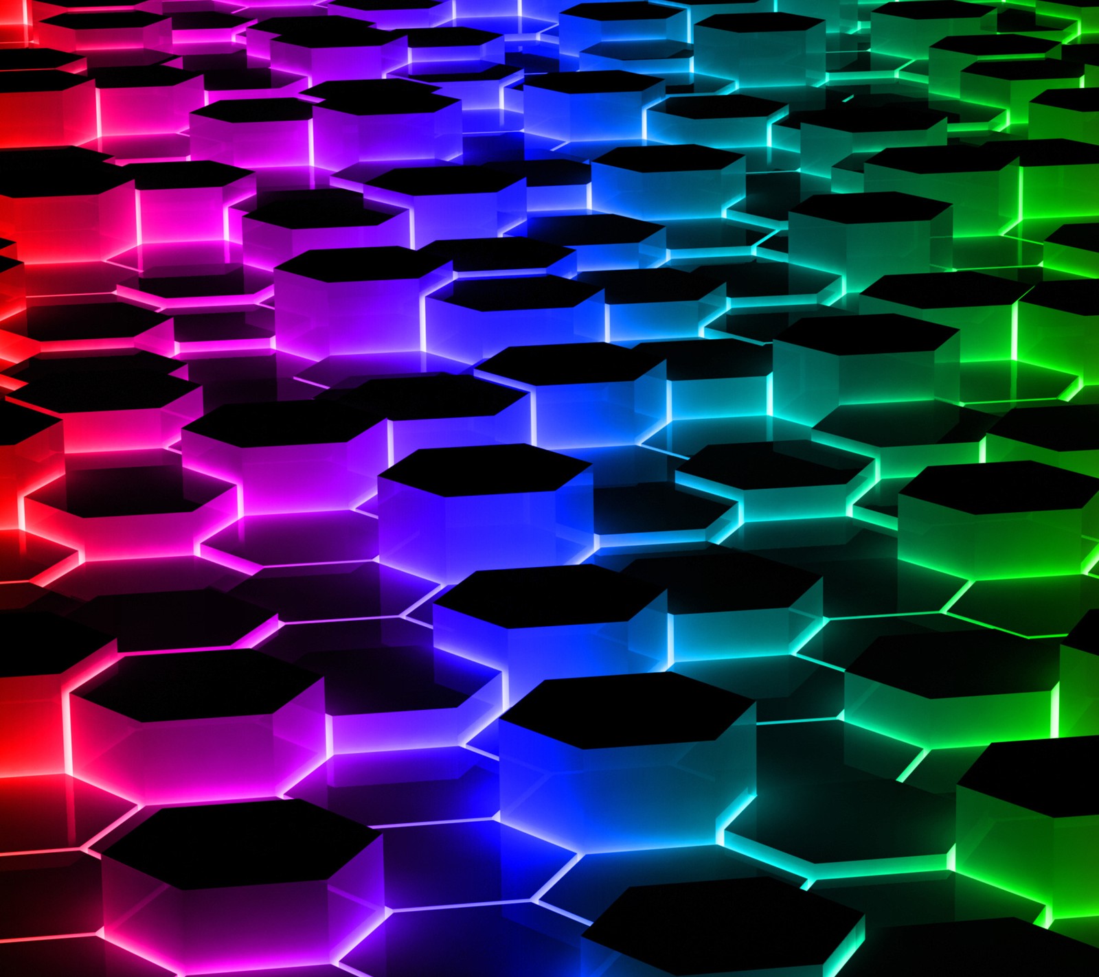 A close up of a colorful hexagon pattern with a black background (abstract, hexagons)