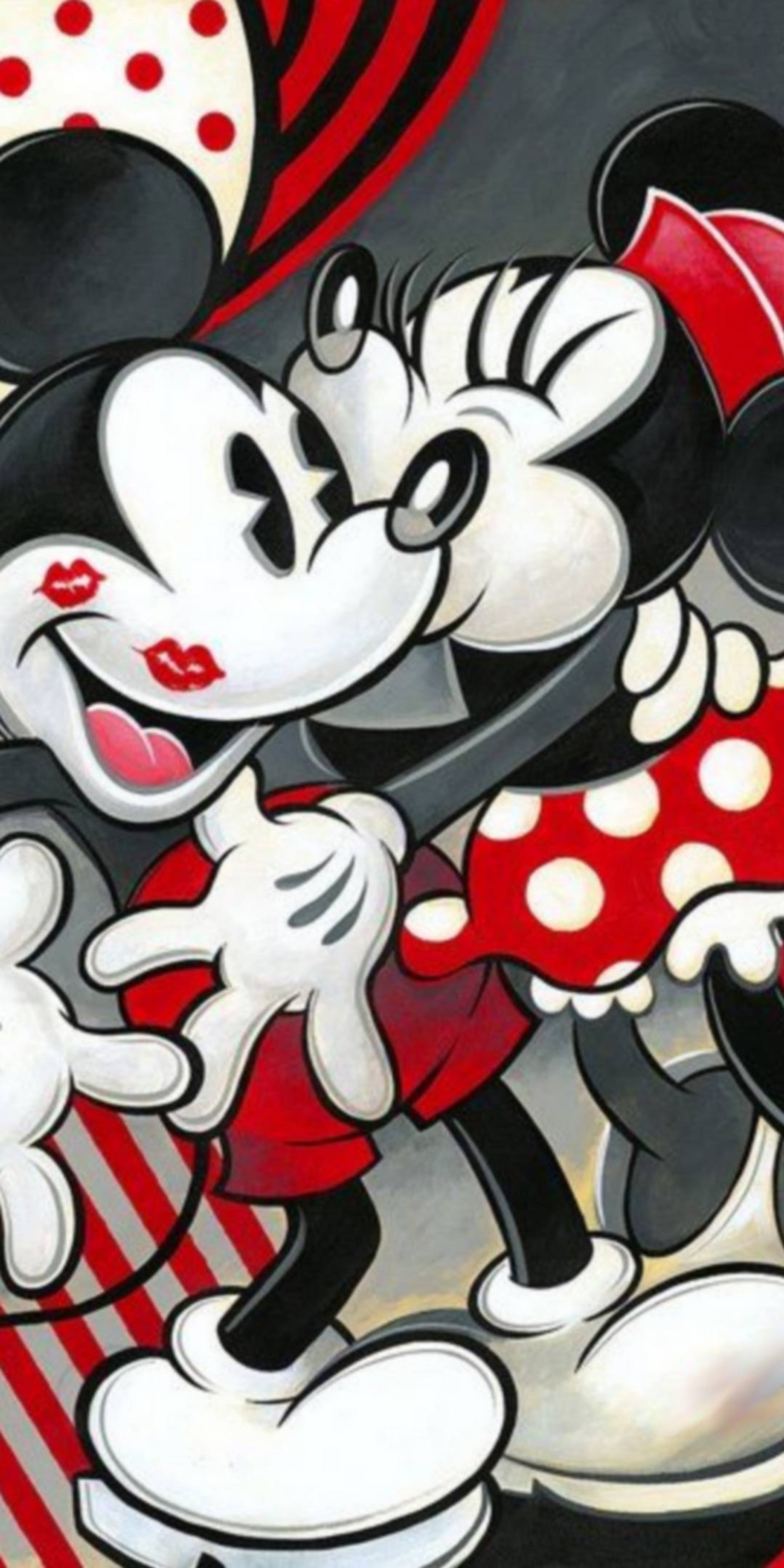 Mickey y minnie mouse besándose frente a un fondo de rayas rojas y blancas (ratón, tema)