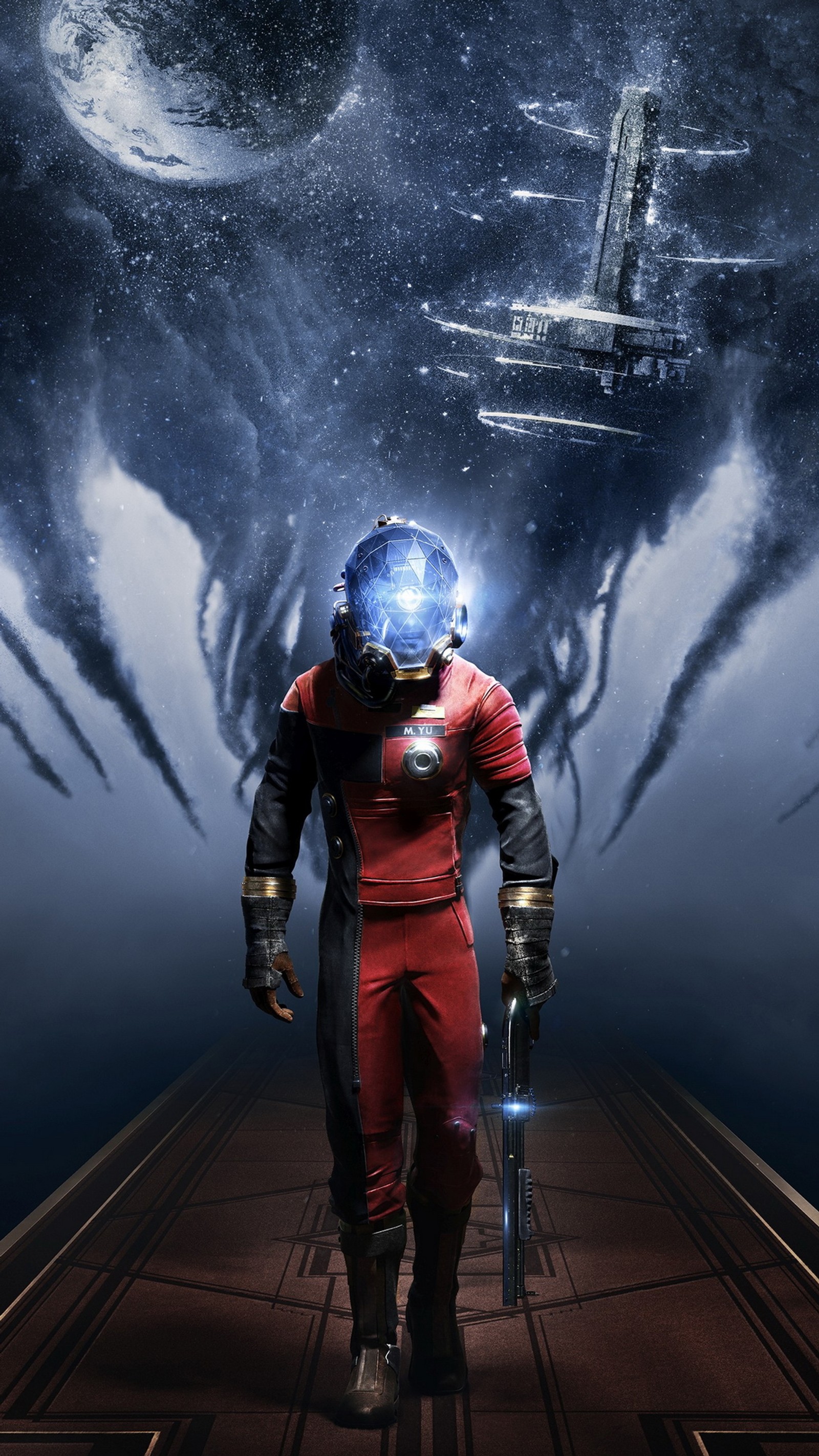 Arafed man in a red suit walking on a platform with a spaceship in the background (cyberpunk 2077, xbox one, bethesda softworks, playstation 4, action game)