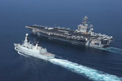 United Kingdom Navy: Aircraft Carrier and Destroyer in Naval Operation