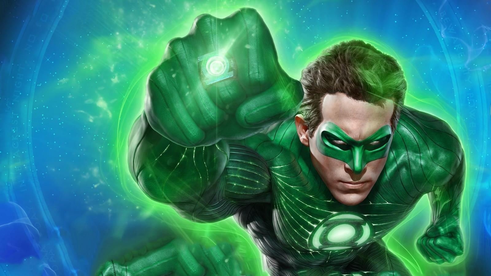 A green lanterner is in the air with his fist raised (green lantern, dc comics, comics)