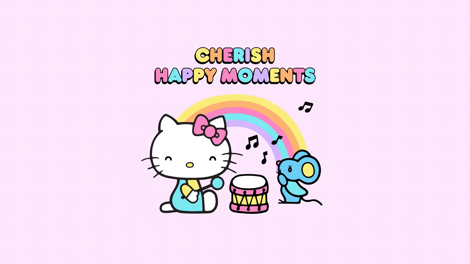 Крупный план хеллоу китти и птицы на розовом фоне (cherish happy moments, цитаты хелло китти, девчачьи фоны, радуга, фоновый рисунок hello kitty)