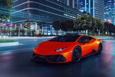 Lamborghini Huracan Evo Fluo Capsule в ярком ночном городском пейзаже Нью-Йорка, 2021