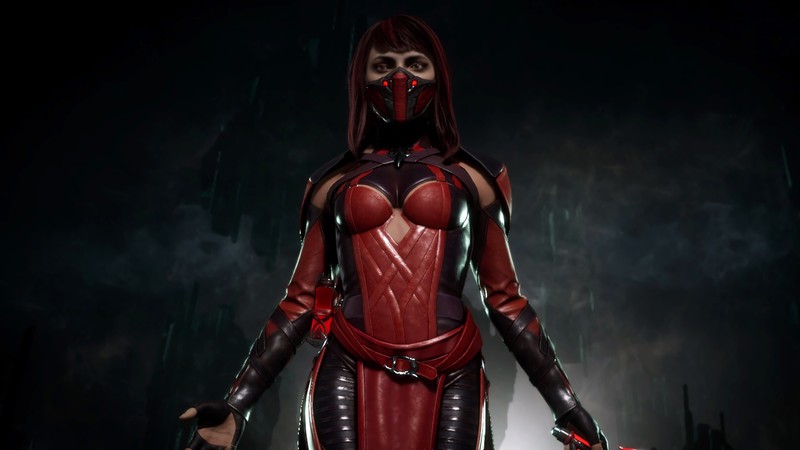 Крупный план человека в красно-черном костюме (скарлет, skarlet, mortal kombat 11, видеоигра)