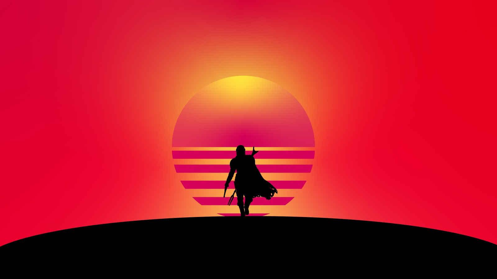 A silhouette of a person standing on a hill with a sword (the mandalorian, star wars, minimalist, minimalism, background)