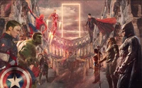 Enfrentamiento épico de superhéroes icónicos de Marvel y DC Comics, ambientado en un dramático escenario antiguo, con Batman, Superman, Hulk, Capitán América y Spider-Man.