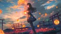 anime girls, sunset