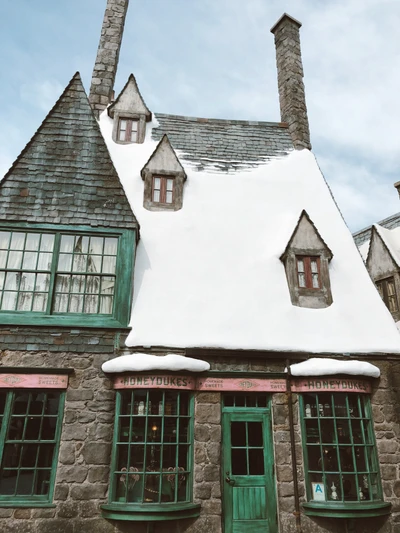 Cabaña encantadora con techo cubierto de nieve y ventanas vintage