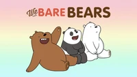 Trois frères ours - Grizzly, Panda et Ice Bear - posent joyeusement ensemble sur un fond pastel coloré, représentant la série animée "We Bare Bears".