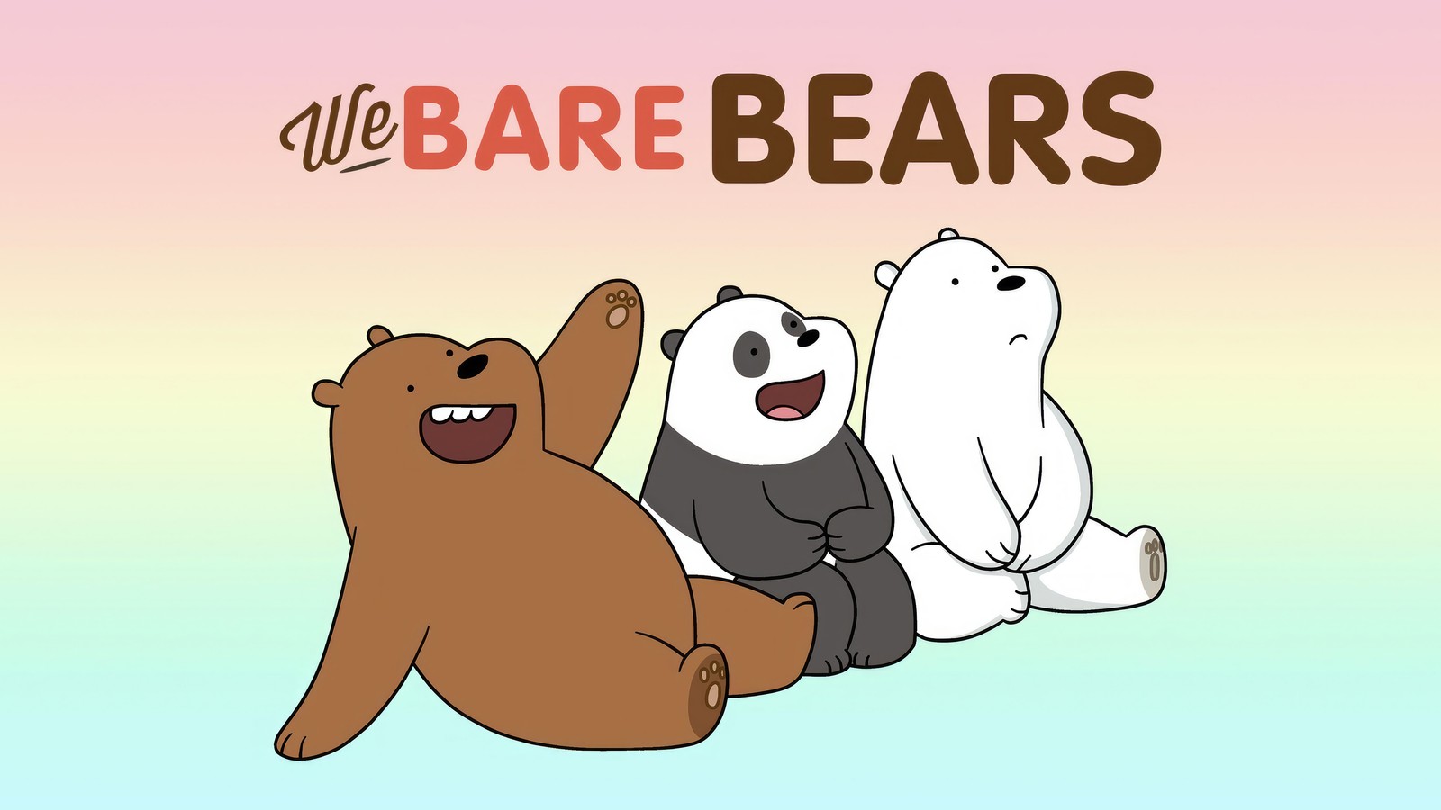 Un oso de dibujos animados y dos osos sentados uno al lado del otro (we bare bears, series de televisión, caricatura)