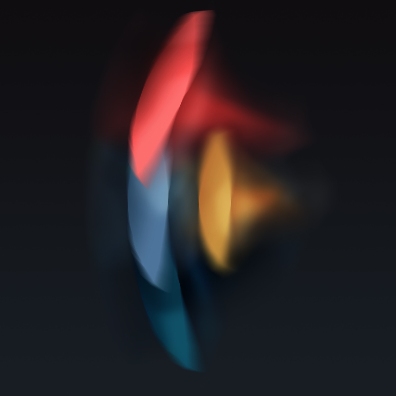 Blurry image of three colored lights on a black background (light, gas, electric blue, circle, darkness)