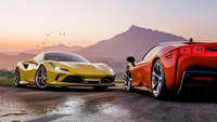 Ferrari F8 Tributo и SF90 на потрясающем закатном пейзаже, демонстрирующие эстетику высокопроизводительных игр.