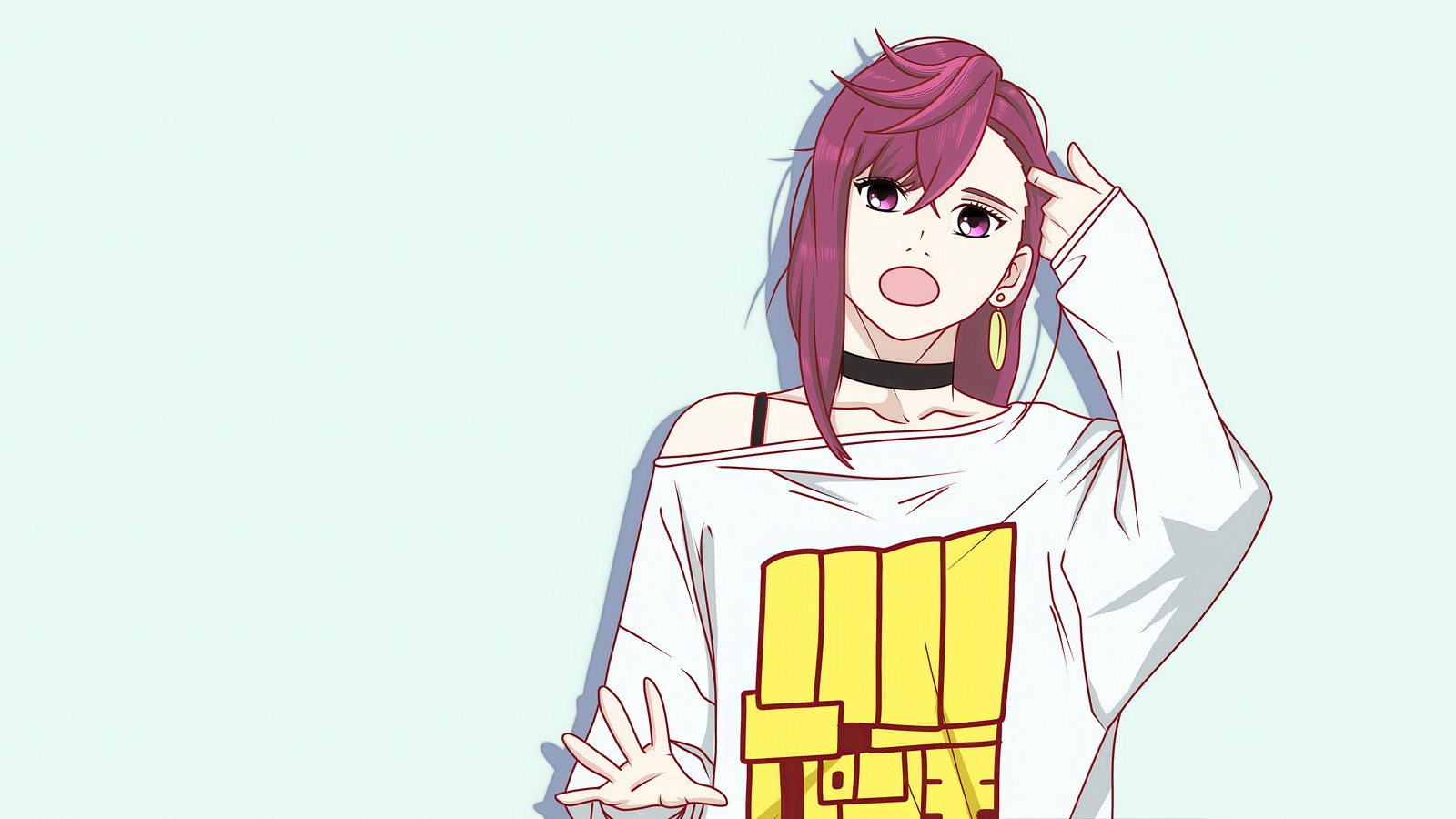 Anime girl with pink hair and a white shirt with a yellow and yellow design (momo ayase, dandadan, anime)