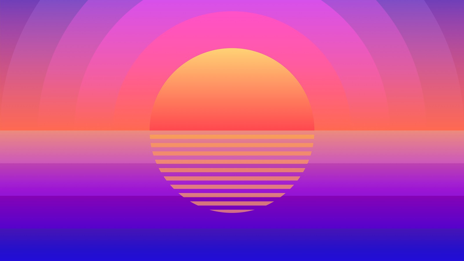 Un coucher de soleil avec un fond aux couleurs de l'arc-en-ciel et un soleil au milieu (coucher de soleil, arrière plan, art numérique)