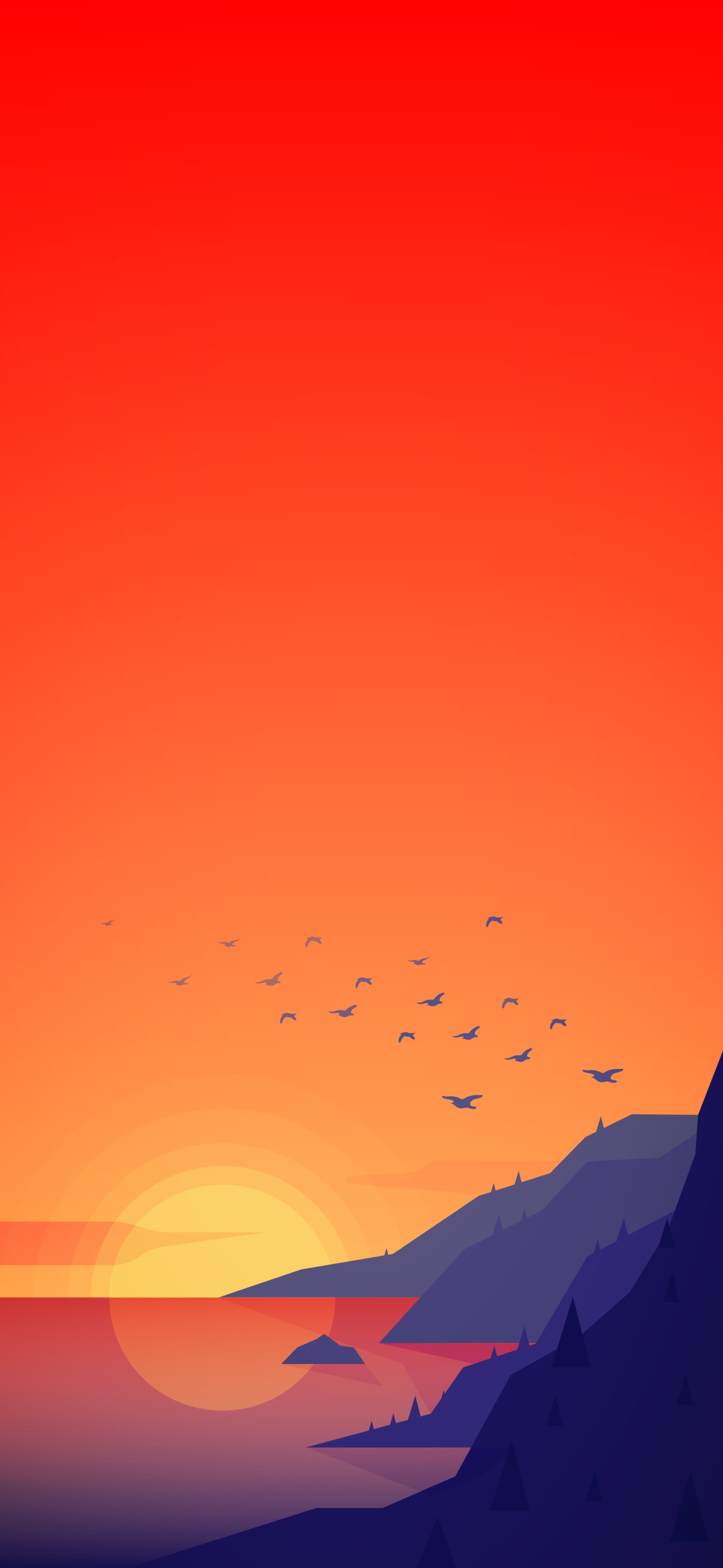 Coucher de soleil sur les montagnes avec des oiseaux volant dans le ciel (illustration, oiseau, atmosphère, écorégion, crépuscule)