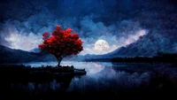 Moonlit Serenity: A Vibrant Tree by a Tranquil Lake