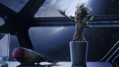 Adorável bebê Groot em um vaso contra um fundo cósmico