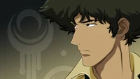 Spike Spiegel aus Cowboy Bebop in einer nachdenklichen Pose vor einem stilisierten Hintergrund.