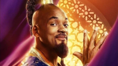 Will Smith en tant que Génie dans Aladdin (2019) avec une expression espiègle sur un fond vibrant.