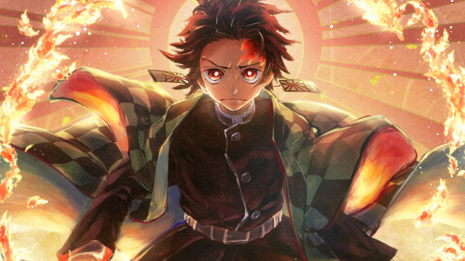 Мужчина в костюме и галстуке, держащий меч перед огнем (tanjirou kamado, kimetsu no yaiba, убийца демонов кимэцу но яиба, demon slayer kimetsu no yaiba, аниме)