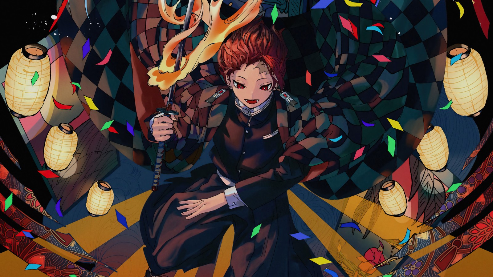 Anime-mädchen mit einem schwert und feuer in der hand (tanjiro kamado, tanjirou, dämonentöter kimetsu no yaiba, demon slayer kimetsu no yaiba, anime)