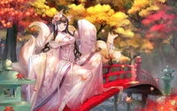 Fille renard anime enchanteresse sur un pont entourée de couleurs d'automne