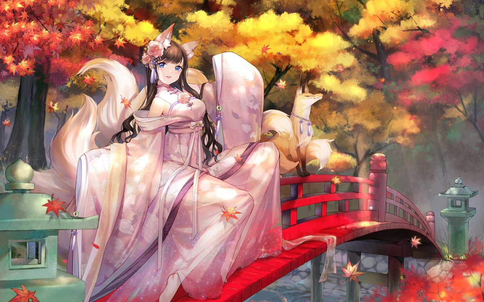 Anime girl sitting on a bridge in a park with autumn leaves (fox, anime, art, creative arts, pink)