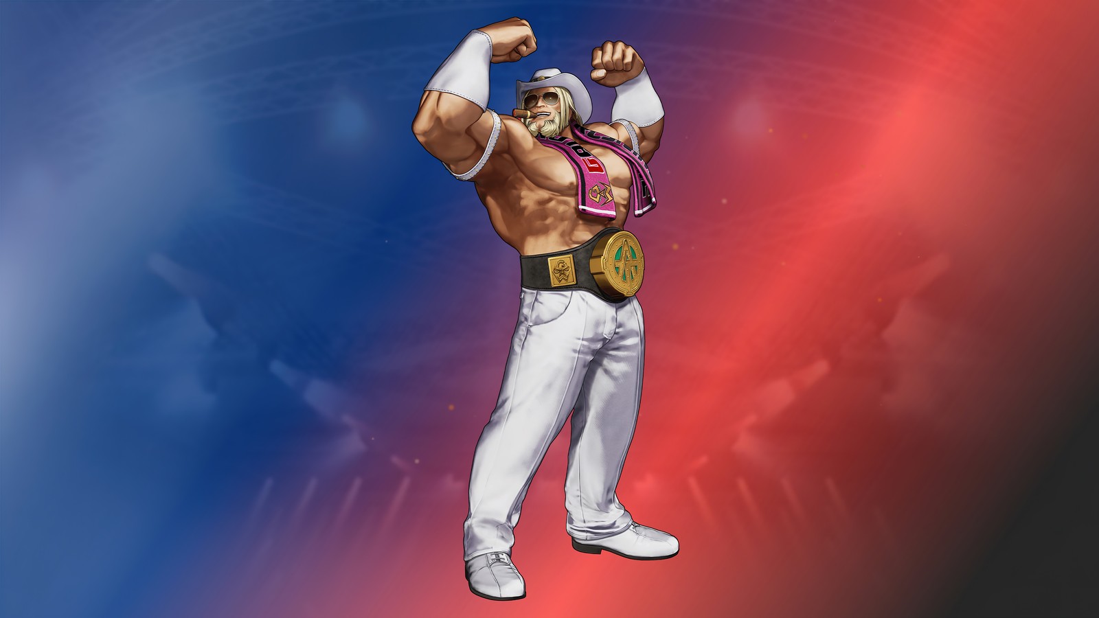 Un primer plano de una persona con un puño en un puño (antonov, the king of fighters xv, kof 15, videojuego)