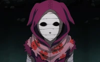 Personnage de Tokyo Ghoul dans un espace sombre avec un hoodie violet et un design floral