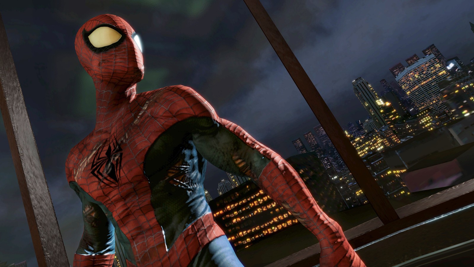 Spider-man se tenant devant une fenêtre avec une ville en arrière-plan (spider man, xbox 360, playstation 3, super héros, compositage numérique)