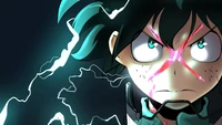 Izuku Midoriya libère son pouvoir avec un regard déterminé, entouré d'énergie électrique, incarnant l'esprit de "One For All" dans un style anime vibrant.