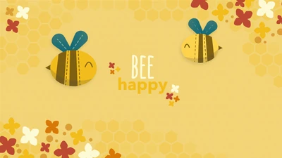 Bee Happy: A Cheerful Yellow Illustration with Cute Bees and Floral Accents