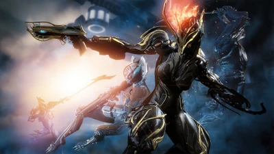 Scène de bataille dynamique dans Warframe : Guerriers futuristes en action