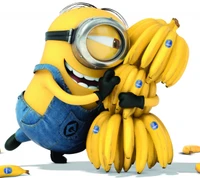 Un minion joyeux étreint joyeusement une pile de bananes.