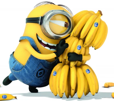 A joyful minion happily hugging a stack of bananas.