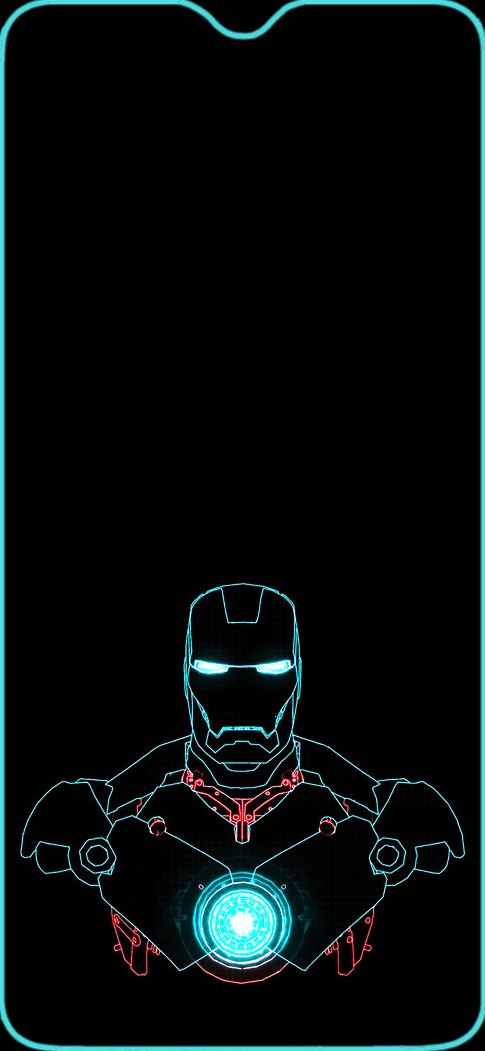 A close up of a neon iron man standing in front of a black background (notch, samsung, teardrop notch)