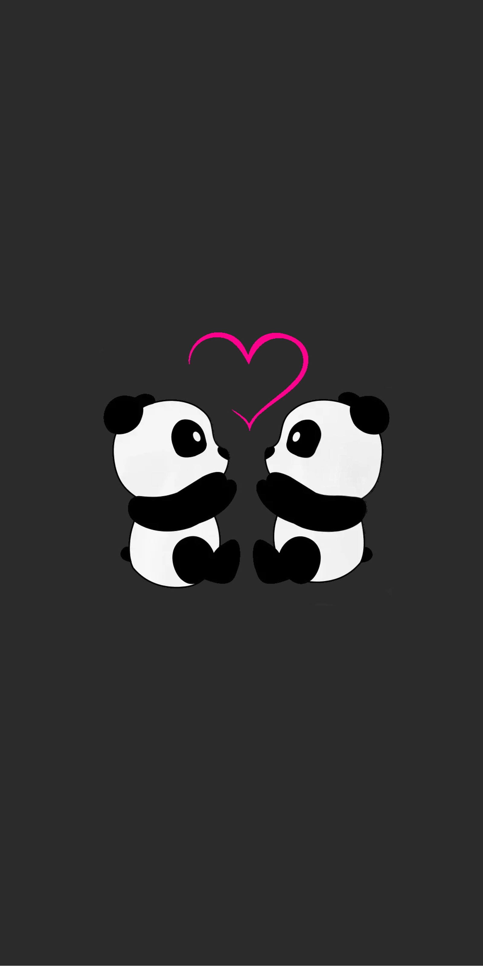 Deux ours pandas assis l'un à côté de l'autre avec un cœur en arrière-plan (amour, minimalisme, minimaliste, panda, amour panda)