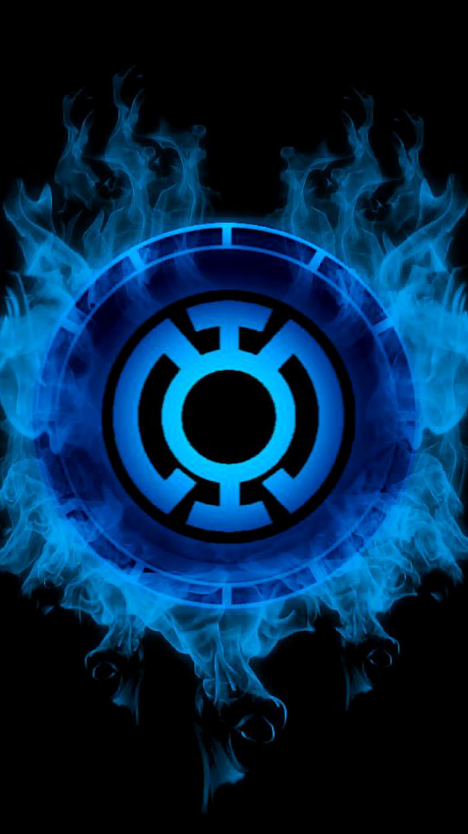 A blue fire symbol on a black background (blue, comic, comics, dc, green)