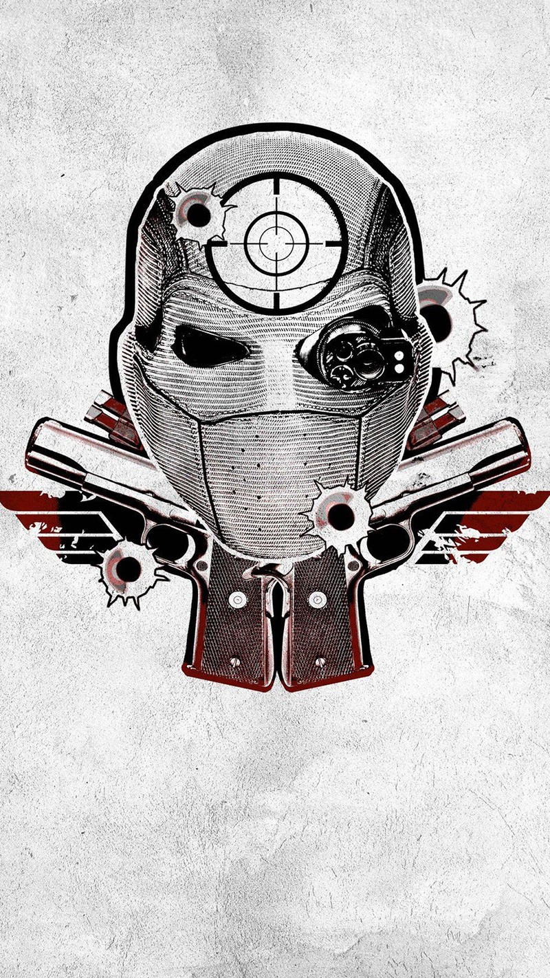 Близкий план рисунка шлема с оружием (комиксы, дедшот, deadshot, оружие, логотип)