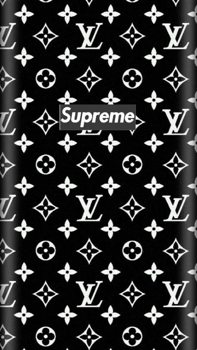 Fond noir avec un motif répété de logos blancs de Louis Vuitton aux côtés du mot "Supreme" affiché en évidence au centre.