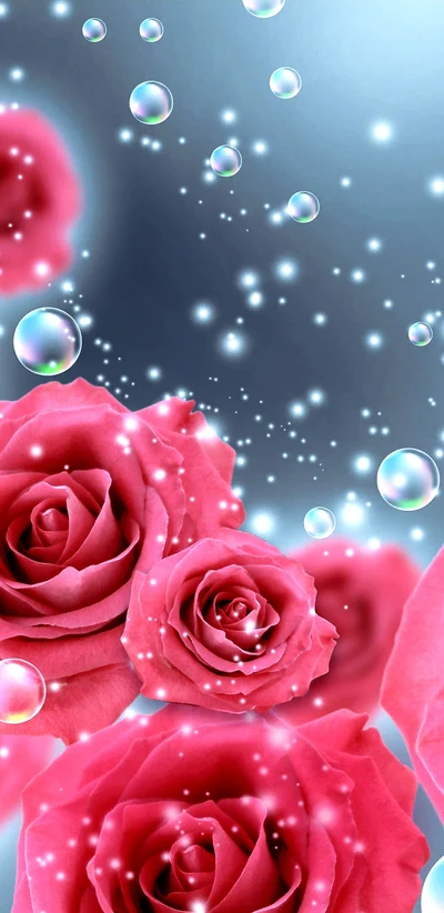 Radiant Pink Roses with Sparkling Bubbles on a Blue Background