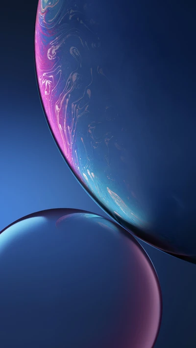 Abstrakte Blasen, die lebendige Farben vor einem dunklen Hintergrund reflektieren, inspiriert vom iPhone-Design.